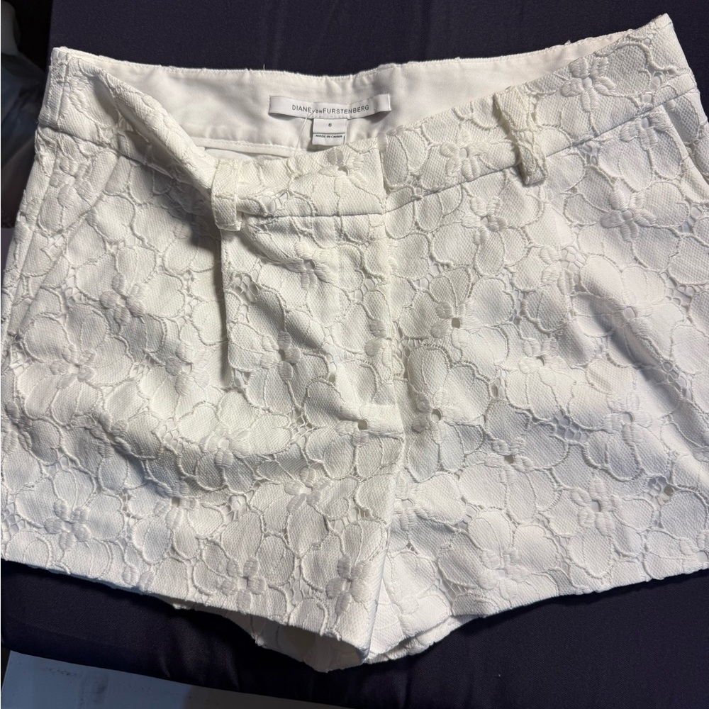 Diane Von Furstenberg White Textured High Waist Shorts